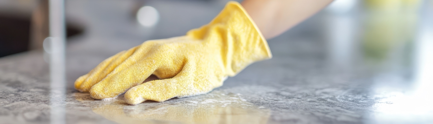A person is cleaning a counter with a yellow glove on