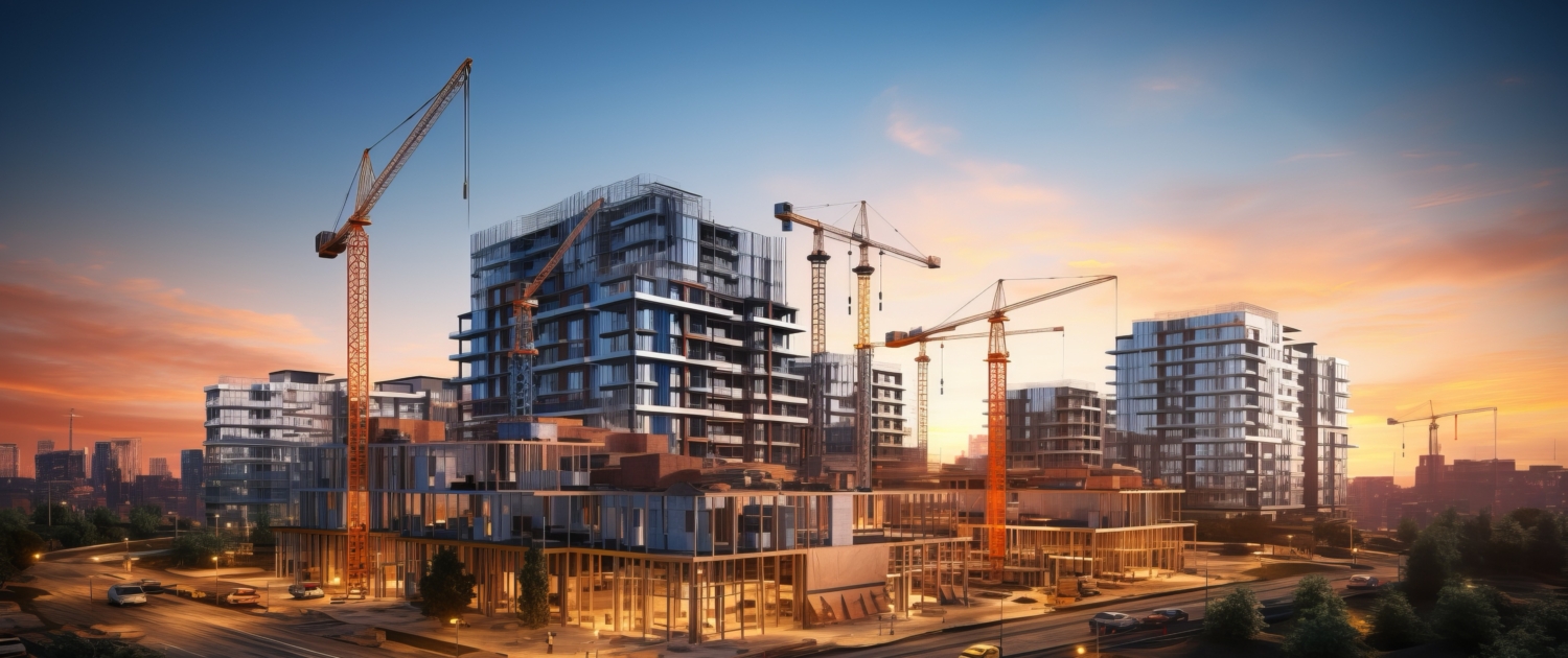 City building construction sites development and tower cranes. Generative AI technology.